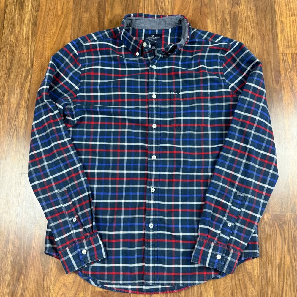 American Eagle Classic Fit Plaid Button Down Shirt Navy Red Mens Large L
